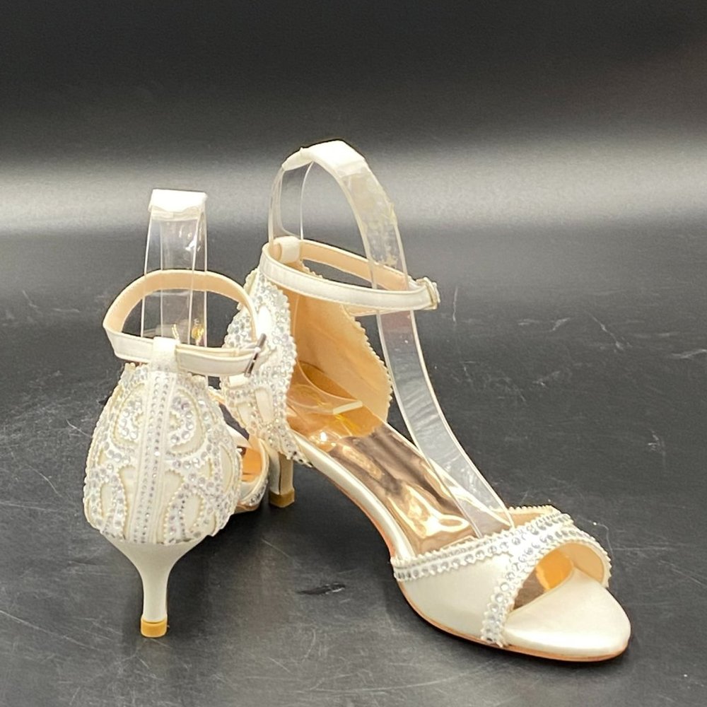 XYD white rhinestone peep toe kitten low heels slip on ankle strap sandals shoes - Picture 5 of 8